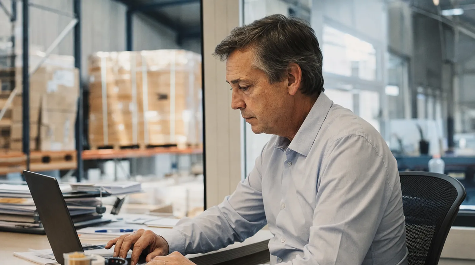 Oficina de una empresa de alimentación con el almacén detrás, revisando el pedido en el portátil